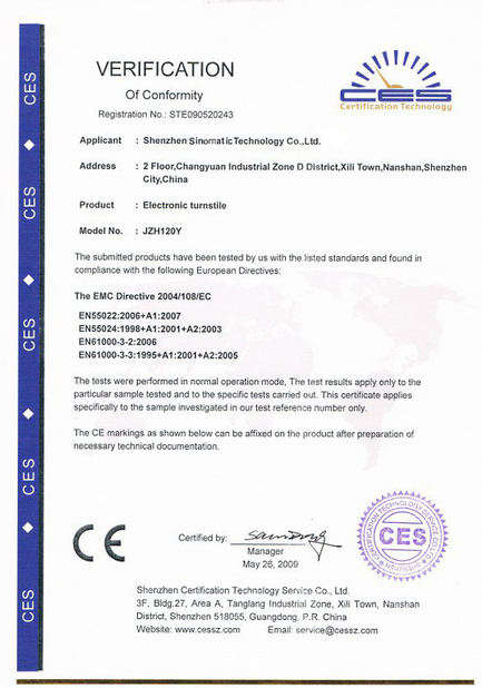 चीन SHENZHEN SINOMATIC TECHNOLOGY CO., LIMITED प्रमाणपत्र